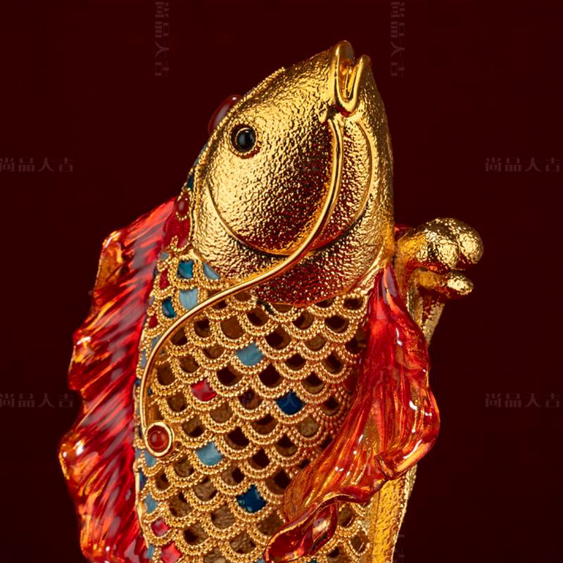 Dynamic Leaping Koi Cloisonné Sculpture - 40cm Golden Ambition Symbol for Office & Home