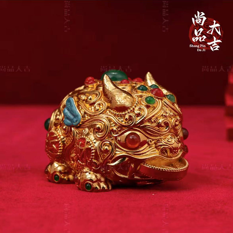 Chinese Cloisonné Fortune Guardian - Wealth Beast Holding Gold Coin, Feng Shui Money Magnet for Office/Home
