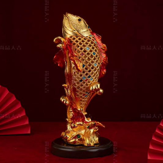 Dynamic Leaping Koi Cloisonné Sculpture - 40cm Golden Ambition Symbol for Office & Home