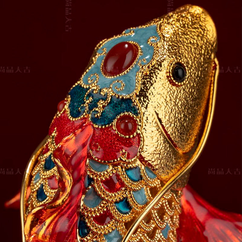 Dynamic Leaping Koi Cloisonné Sculpture - 40cm Golden Ambition Symbol for Office & Home