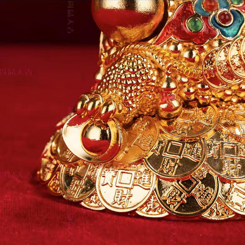 Mystical Fortune Frog Statue - Cloisonné Enamel Money Toad on Ancient Coins, Holding Gold Coin & Blessing Gourd for Wealth