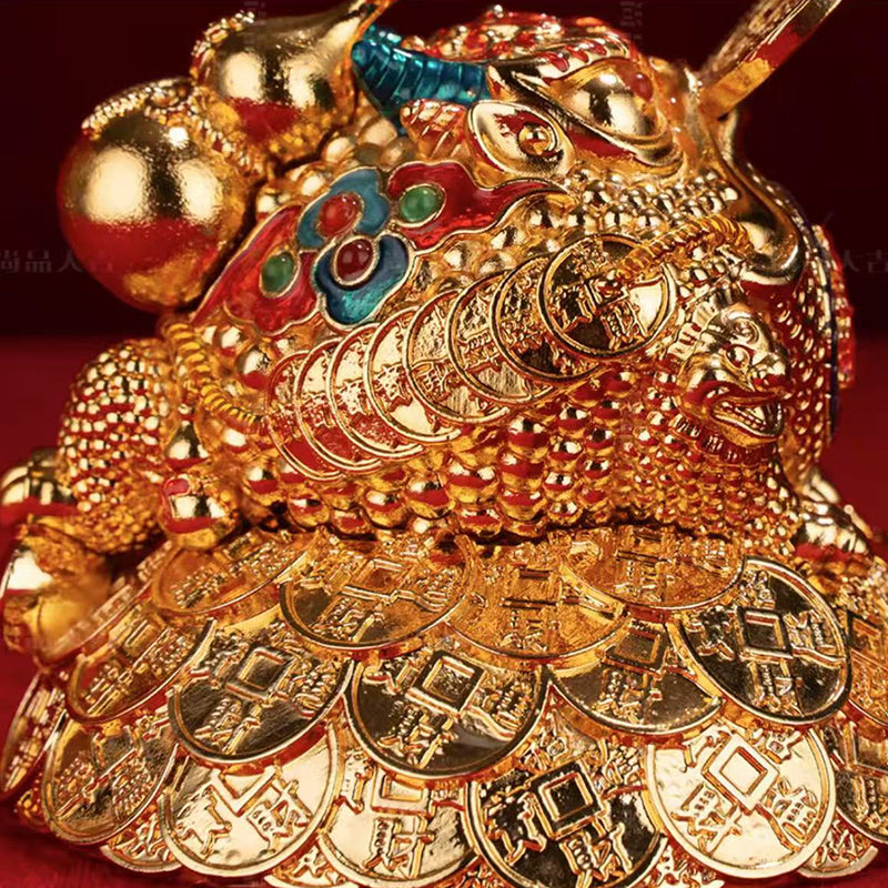 Mystical Fortune Frog Statue - Cloisonné Enamel Money Toad on Ancient Coins, Holding Gold Coin & Blessing Gourd for Wealth