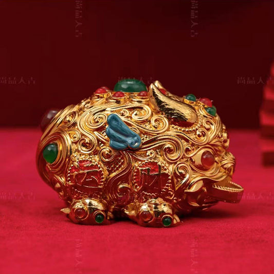 Chinese Cloisonné Fortune Guardian - Wealth Beast Holding Gold Coin, Feng Shui Money Magnet for Office/Home