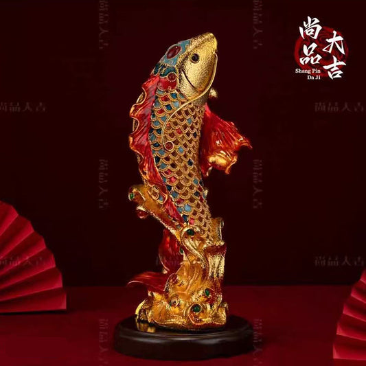 Dynamic Leaping Koi Cloisonné Sculpture - 40cm Golden Ambition Symbol for Office & Home