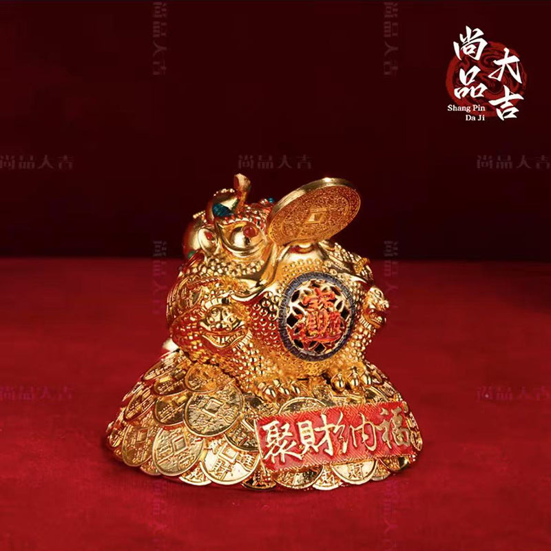 Mystical Fortune Frog Statue - Cloisonné Enamel Money Toad on Ancient Coins, Holding Gold Coin & Blessing Gourd for Wealth