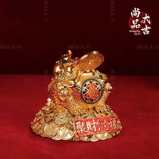 Mystical Fortune Frog Statue - Cloisonné Enamel Money Toad on Ancient Coins, Holding Gold Coin & Blessing Gourd for Wealth