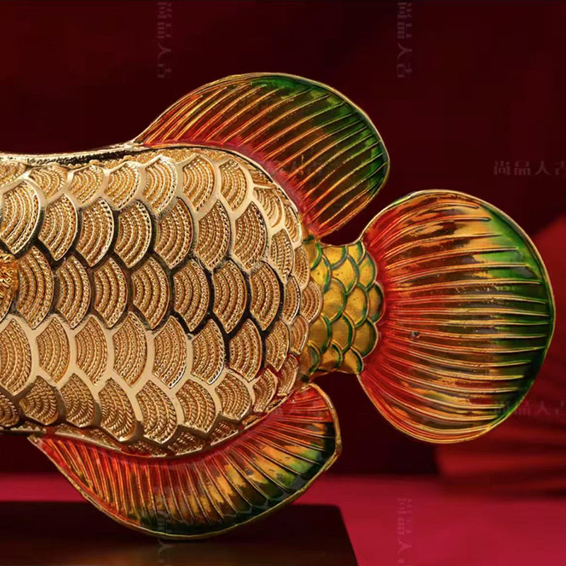 Fortune Arowana Cloisonné Sculpture - 40cm Wealth Guardian with Coin Blessings, Unique Chinese Art Gift