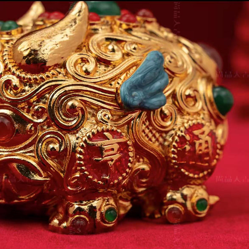 Chinese Cloisonné Fortune Guardian - Wealth Beast Holding Gold Coin, Feng Shui Money Magnet for Office/Home