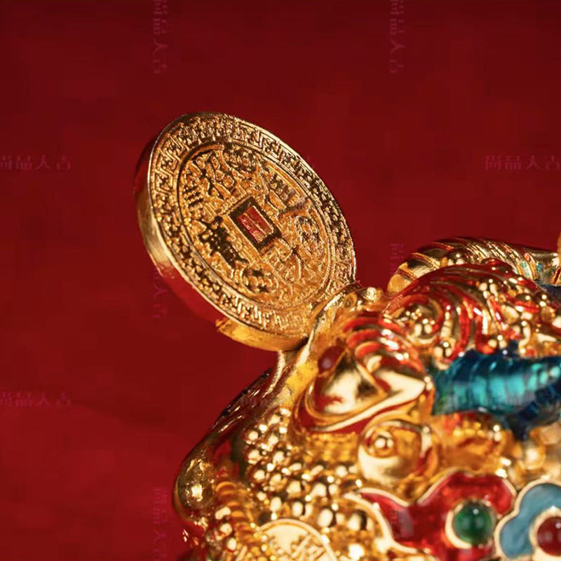 Mystical Fortune Frog Statue - Cloisonné Enamel Money Toad on Ancient Coins, Holding Gold Coin & Blessing Gourd for Wealth